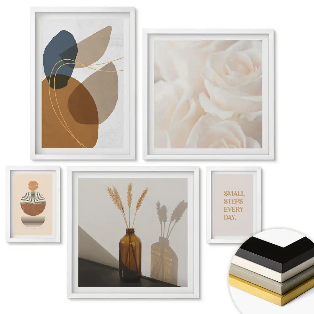 Set de tablouri înrămate cu motive florale, mesaje motivaționale și forme abstracte
