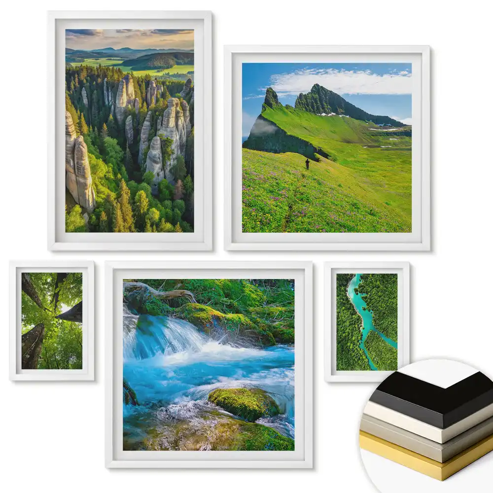 Set de tablouri înrămate cu peisaje verzi cu apă și natură