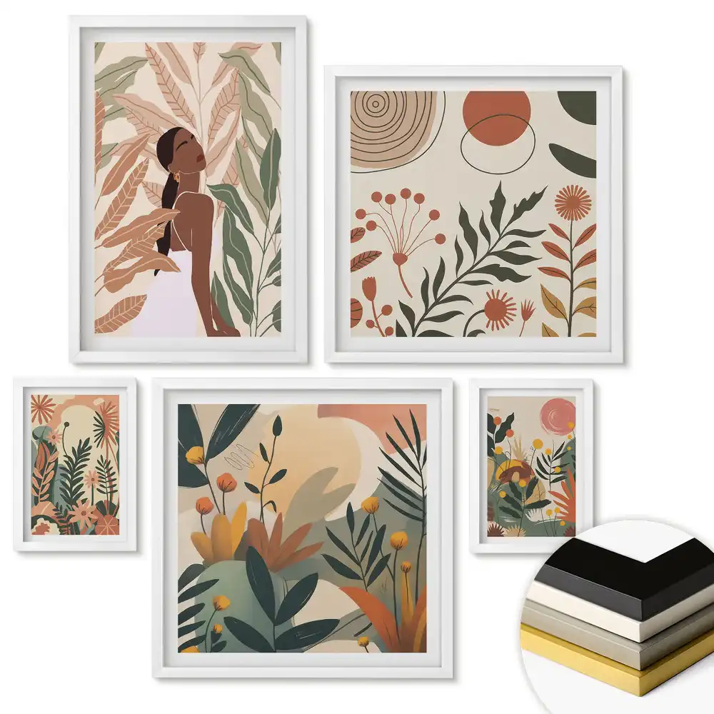 Set 5 tablouri înrămate Abstracțiuni vegetale în culori pastelate