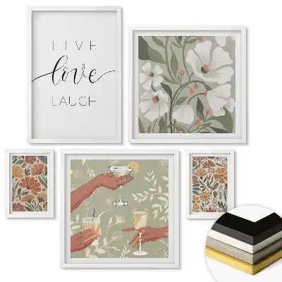 Set 5 tablouri înrămate cu plante colorate și forme abstracte