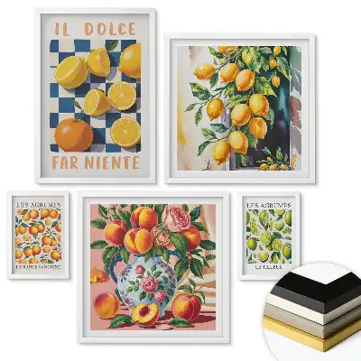Set de 5 tablouri înrămate cu picturi reprezentând citrice și măsline