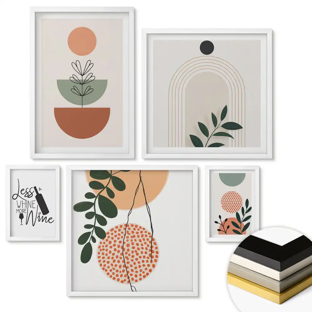 Set 5 tablouri înrămate cu compoziții abstracte de plante și motive geometrice