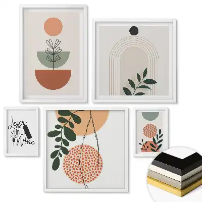 Set 5 tablouri înrămate cu compoziții abstracte de plante și motive geometrice