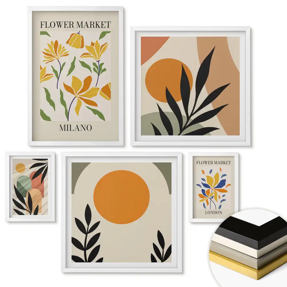 Set de 5 tablouri înrămate Geometrie în nuanțe de galben și verde