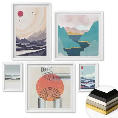 Set de 5 tablouri înrămate cu peisaje abstracte în culori calde