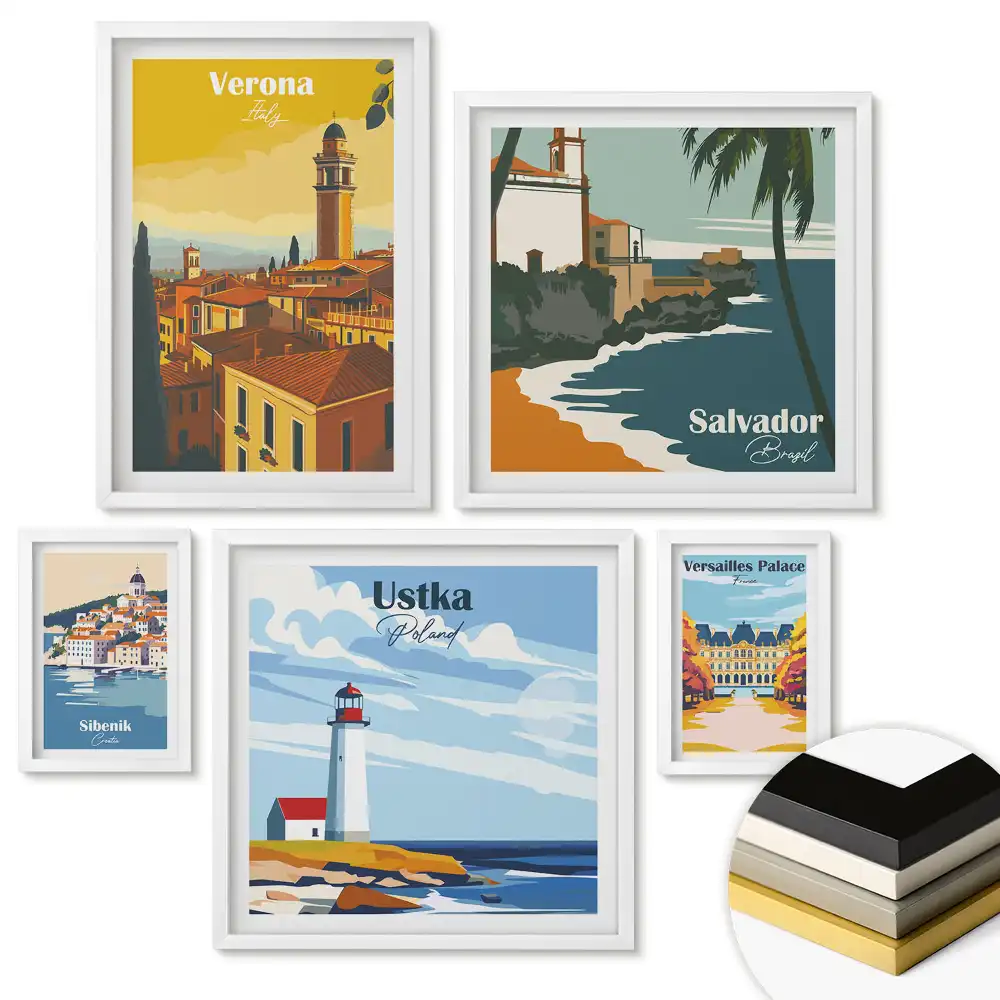 Set 5 tablouri înrămate cu orașe europene în stil artistic