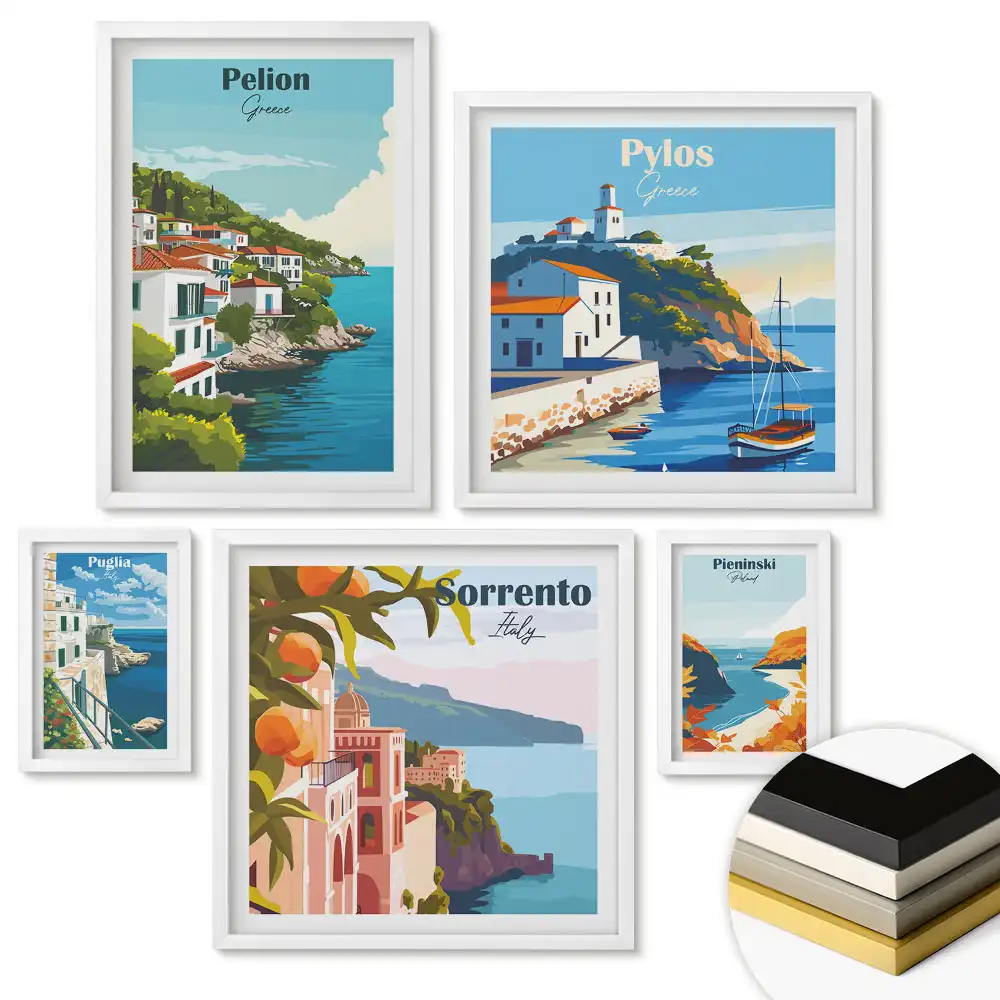Set de 5 tablouri înrămate cu ilustrații de orașe europene pitorești