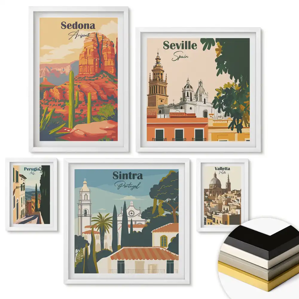Set de 5 tablouri înrămate Peisaje din Europa Locuri de vacanță