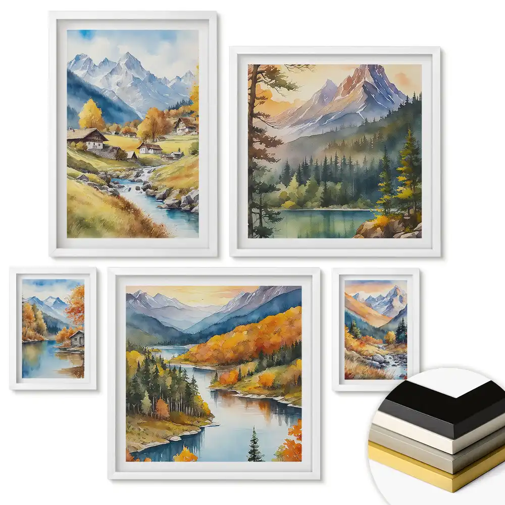 Set de tablouri înrămate cu peisaje montane și acvatice de toamnă