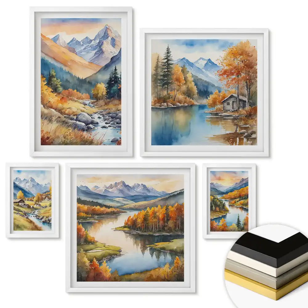 Set de 5 tablouri înrămate cu peisaje montane și râuri