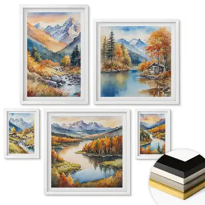 Set de 5 tablouri înrămate cu peisaje montane și râuri