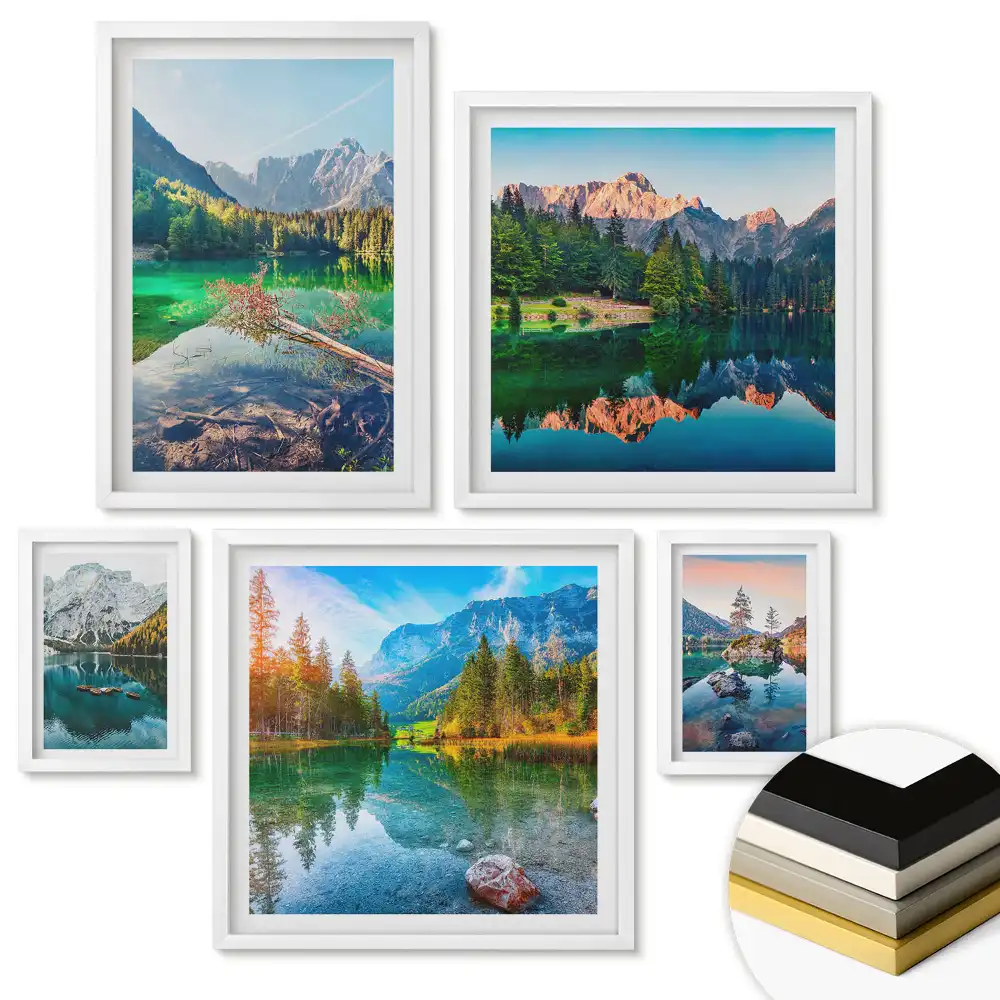 Set de 5 tablouri înrămate cu peisaje montane și lacuri