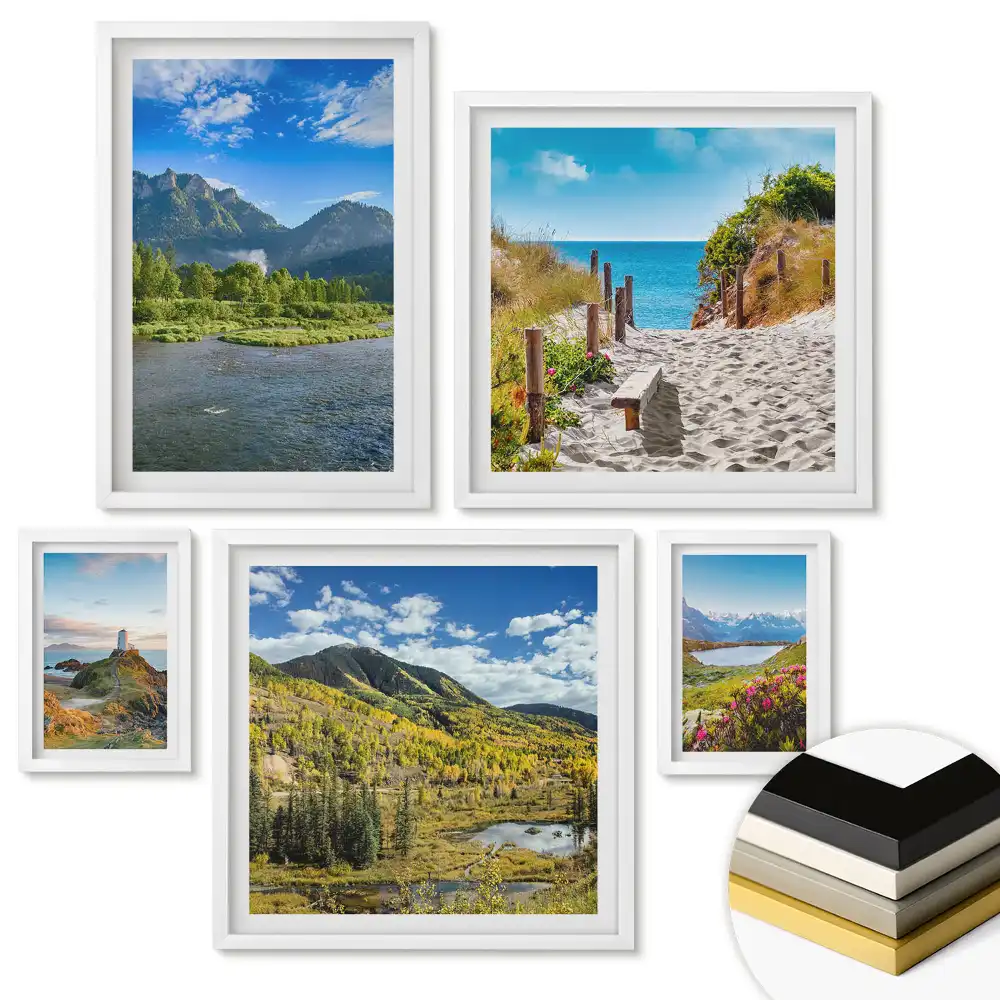 Set 5 tablouri înrămate cu lacuri montane pitorești și bărci