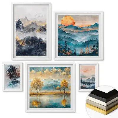Set de 5 tablouri înrămate cu peisaje naturale și păsări