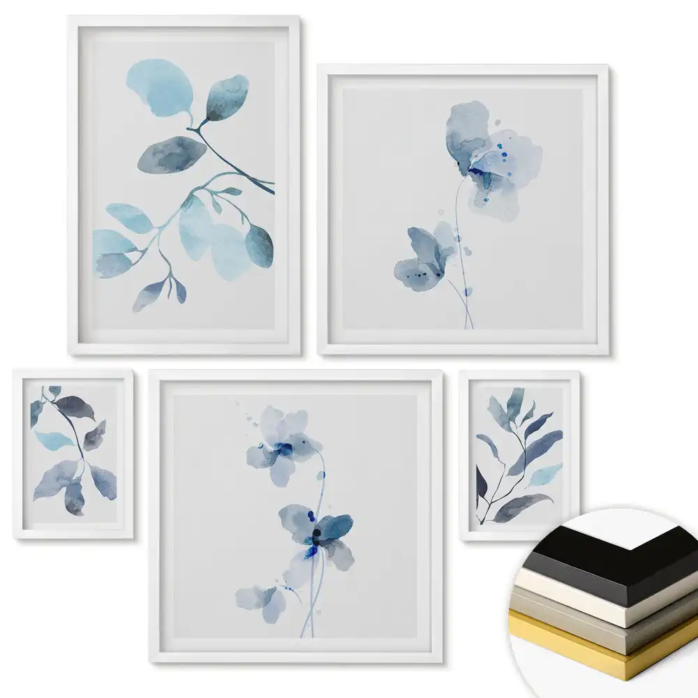Set de tablouri înrămate cu acuarele florale în nuanțe de albastru