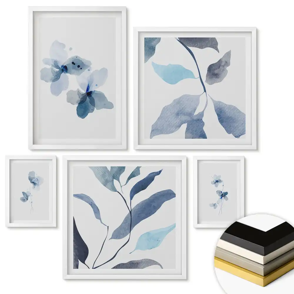 Set de 5 tablouri înrămate cu acuarele florale în nuanțe de albastru