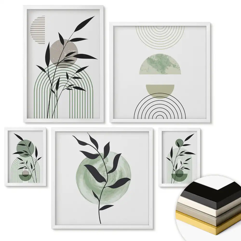Set de 5 tablouri înrămate cu motive botanice în stil minimalist