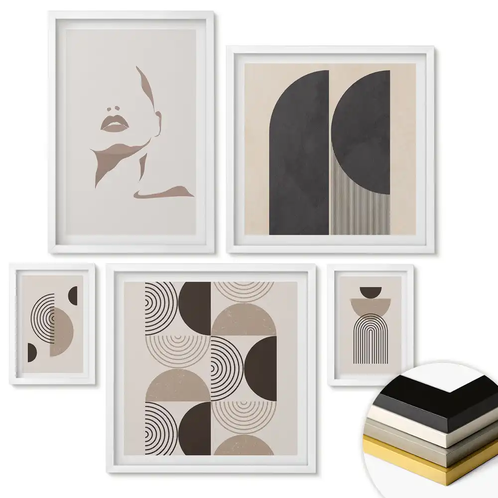 Set de 5 tablouri înrămate cu forme abstracte și culori delicate