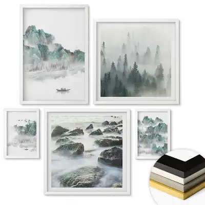 Set de 5 tablouri înrămate cu peisaje naturale în tonuri aurii