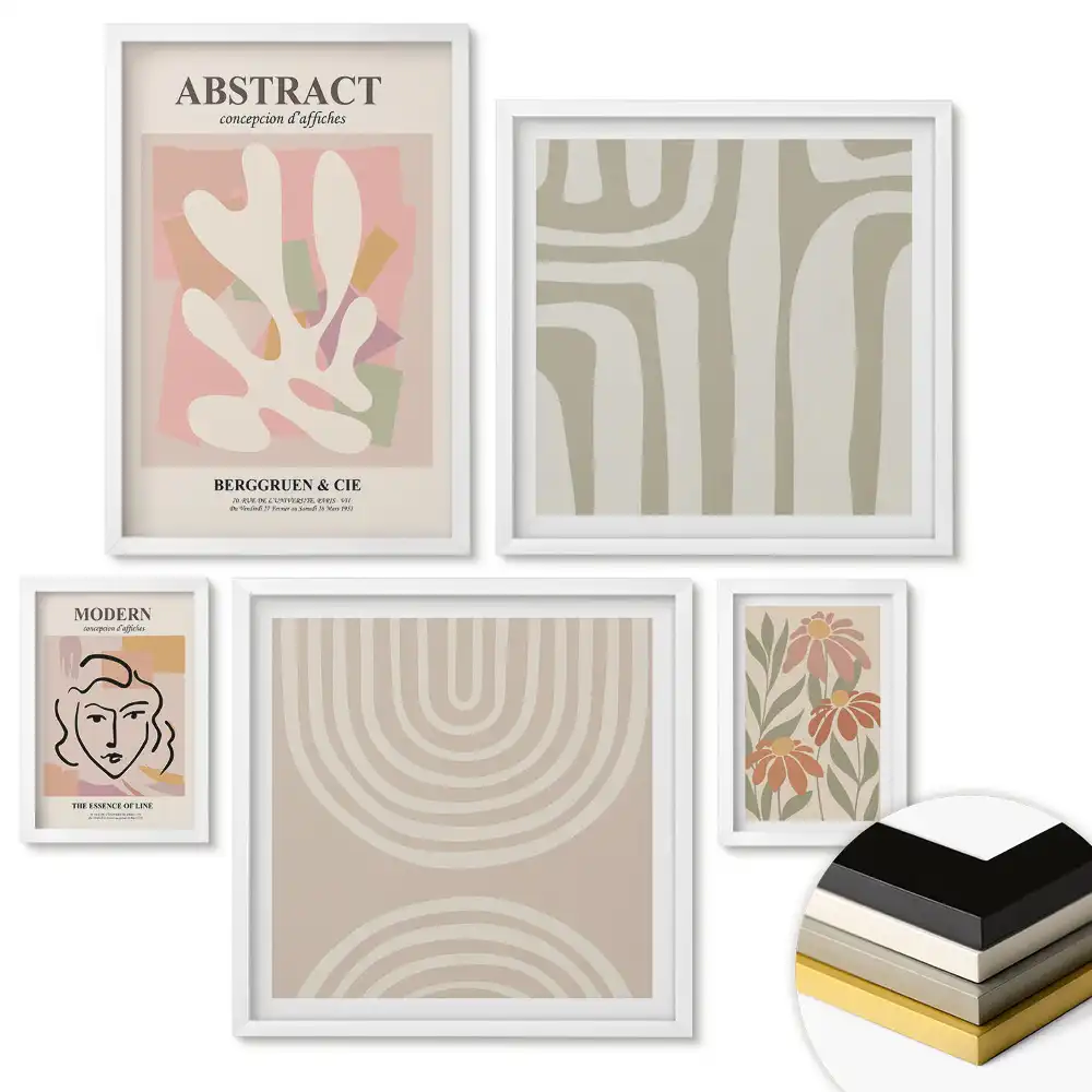 Set de 5 tablouri înrămate cu compoziții abstracte în culori delicate