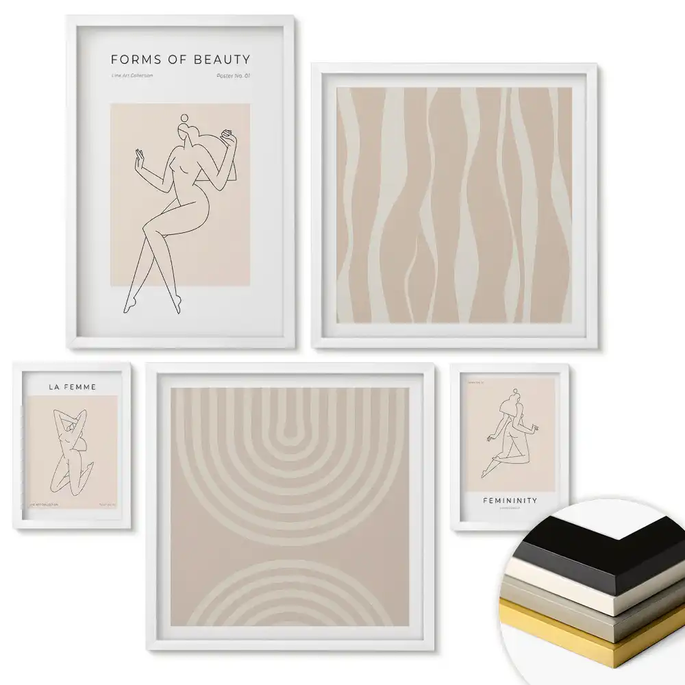 Set de 5 tablouri înrămate cu forme abstracte și frumusețe feminină