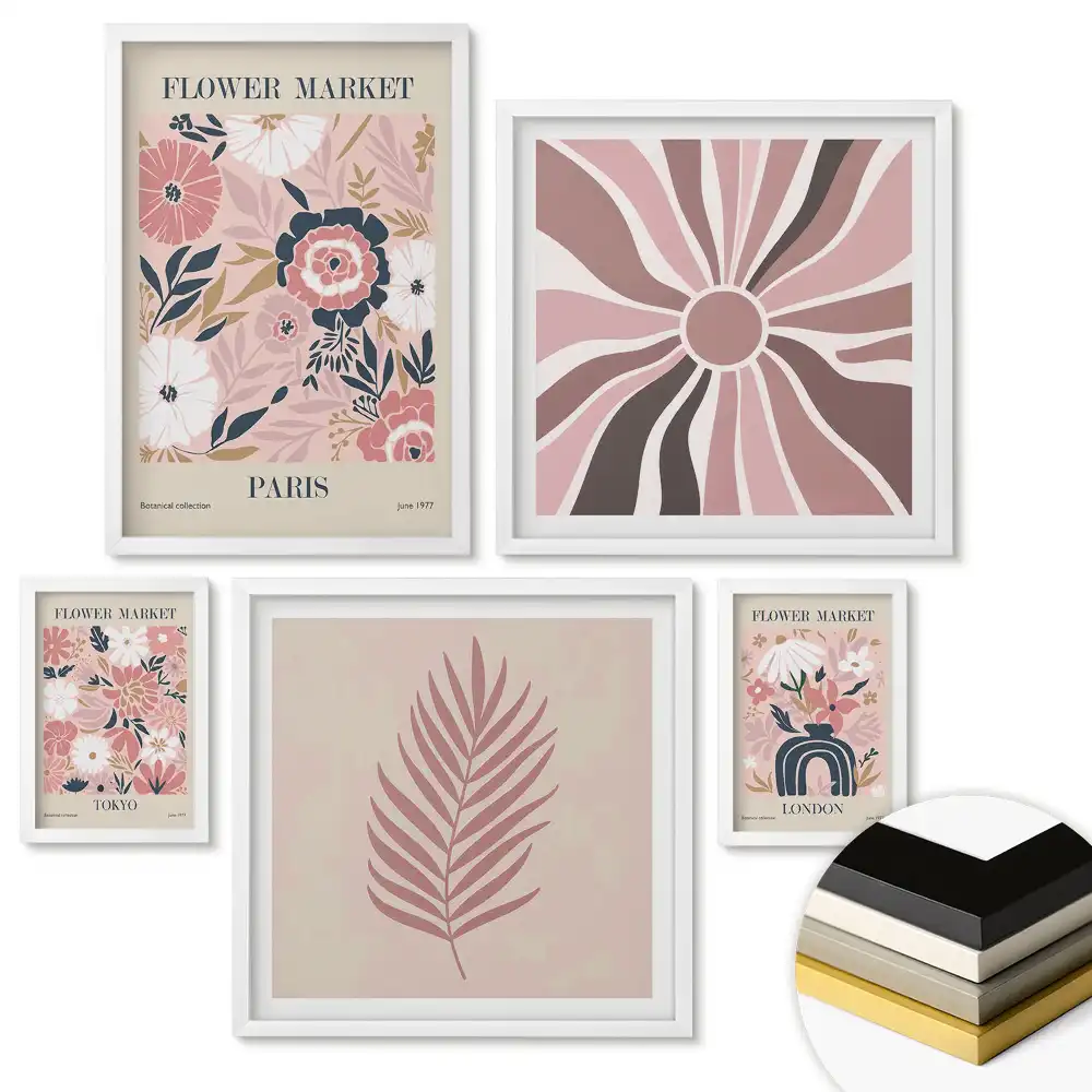 Set 5 tablouri înrămate Piața de flori în nuanțe pastelate