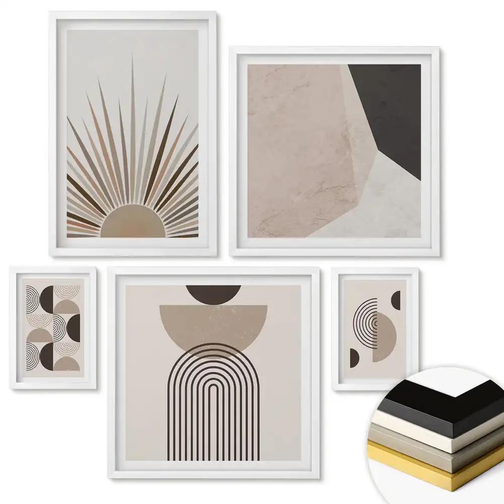 Set de 5 tablouri înrămate cu abstracțiuni moderne în culori discrete