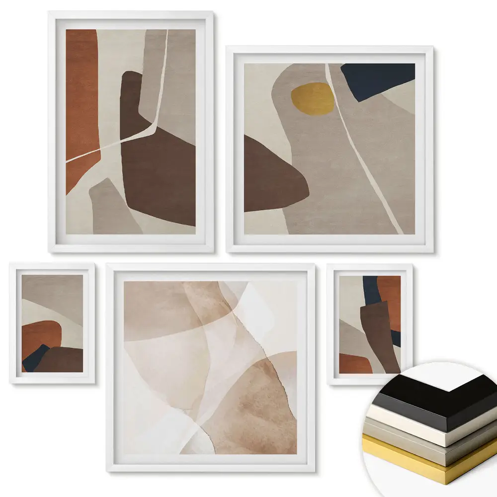 Set de 5 tablouri înrămate Compoziții abstracte în culori calde