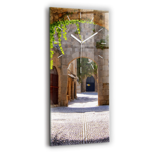 Ceas vertical de perete din sticlă decorativ Strada pitorească din Rodos