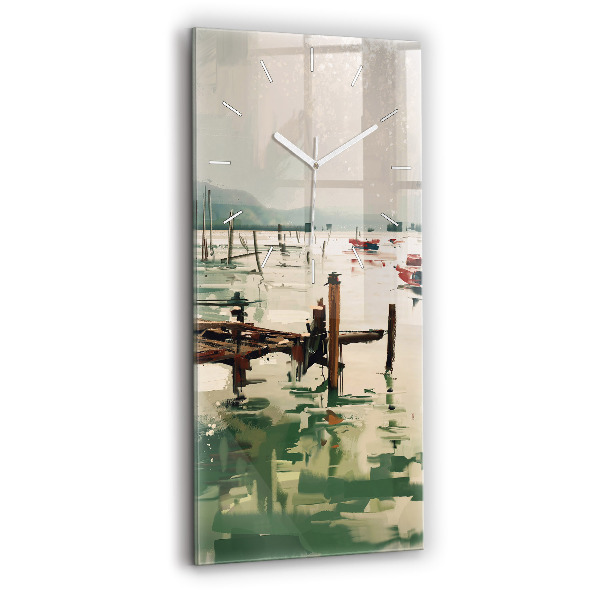 Ceas vertical de perete din sticlă decorativ Bărci de pescuit în port