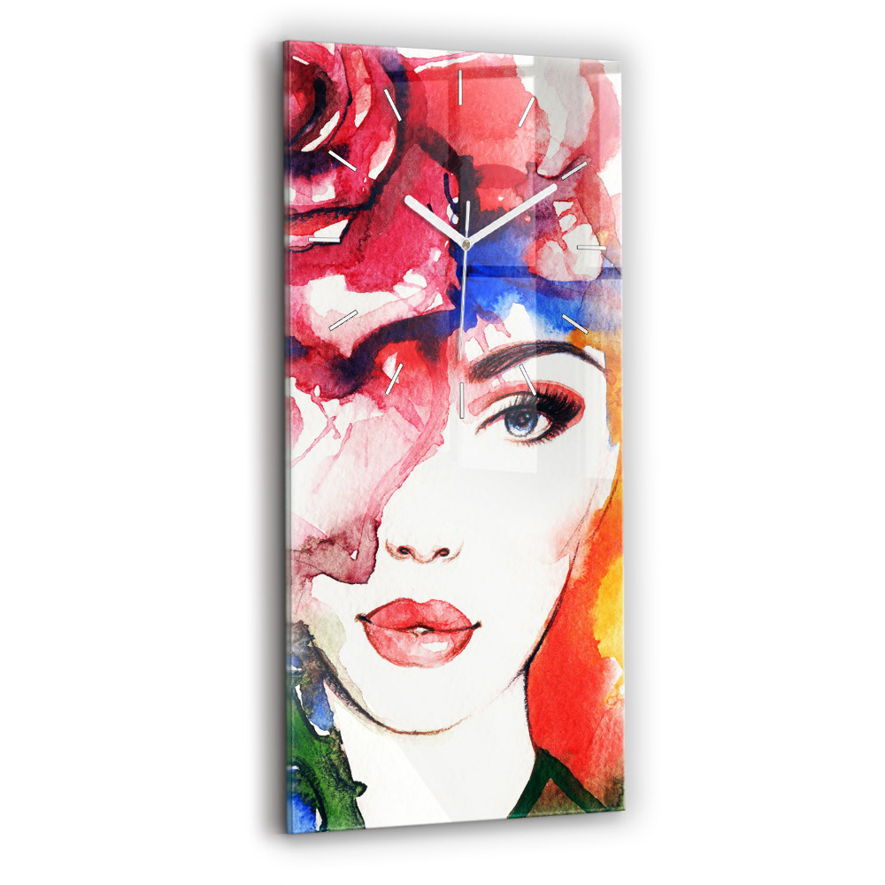 Ceas vertical de perete din sticlă decorativ Portret colorat al unei femei