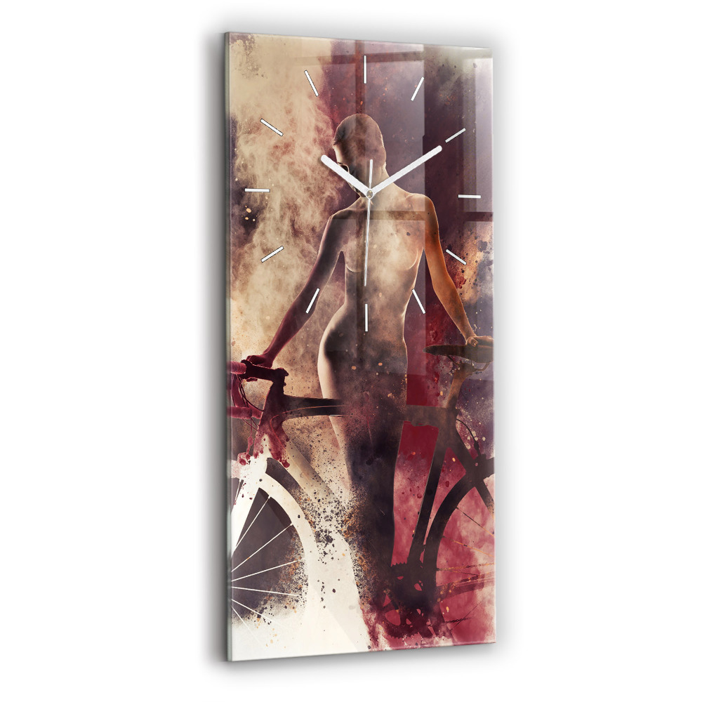 Ceas vertical de perete din sticlă decorativ Femeie și bicicletă