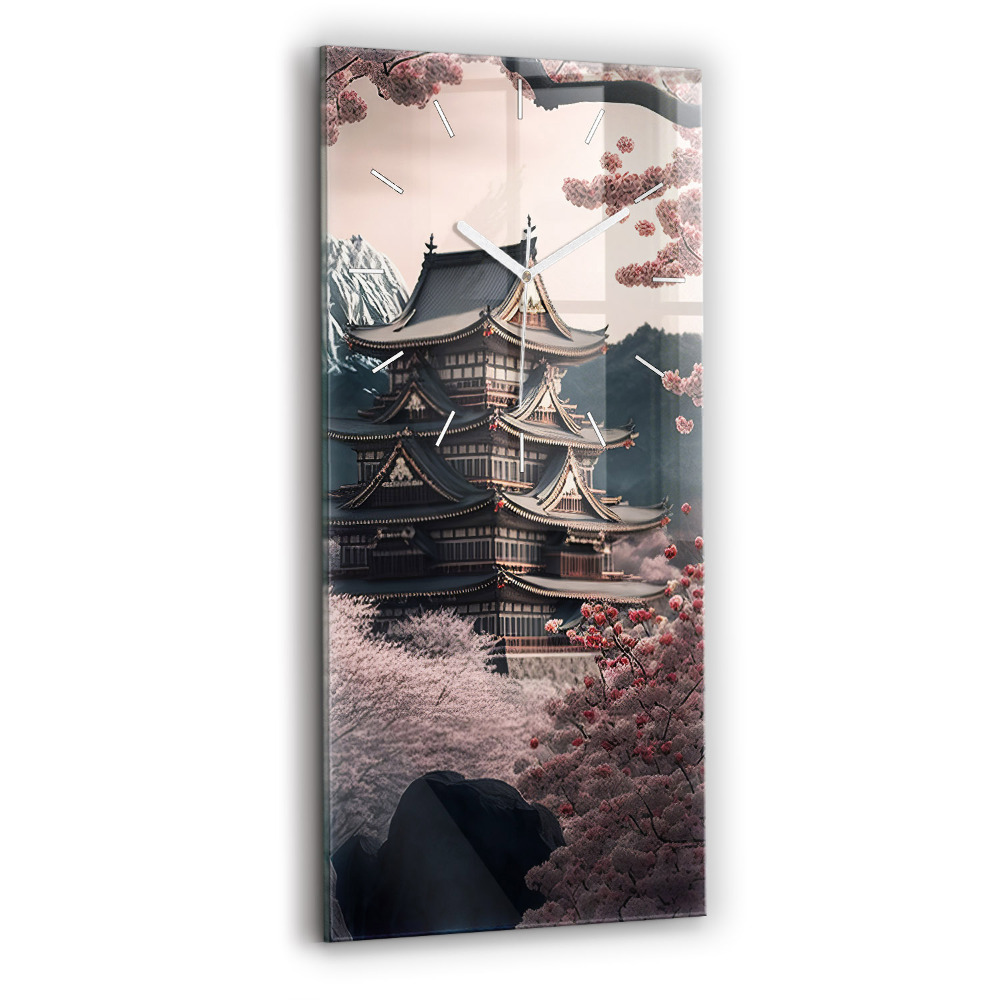 Ceas vertical de perete din sticlă decorativ Turn și flori în Asia
