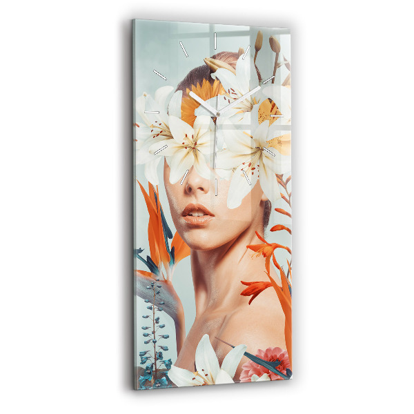 Ceas vertical de perete din sticlă decorativ Femeie cu flori