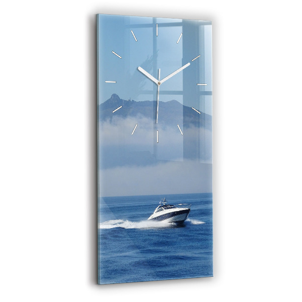 Ceas vertical de perete din sticlă decorativ O barcă plutind pe ocean