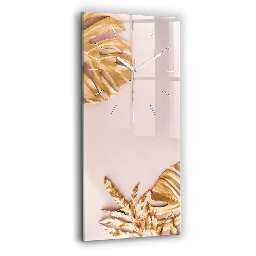 Ceas vertical de perete din sticlă decorativ Frunze tropicale aurii