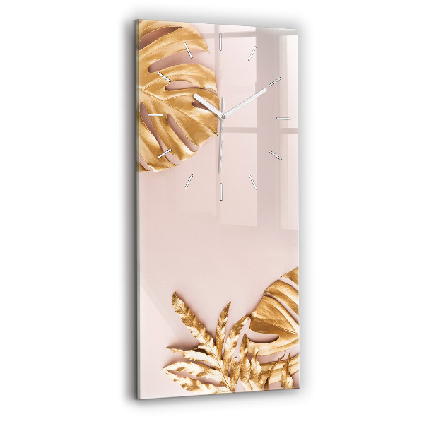 Ceas vertical de perete din sticlă decorativ Frunze tropicale aurii