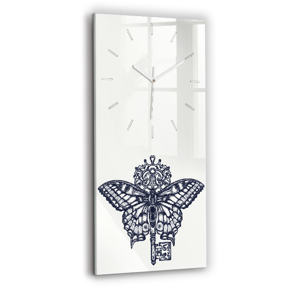 Ceas vertical de perete din sticlă decorativ Fluture și cheie - stil boho