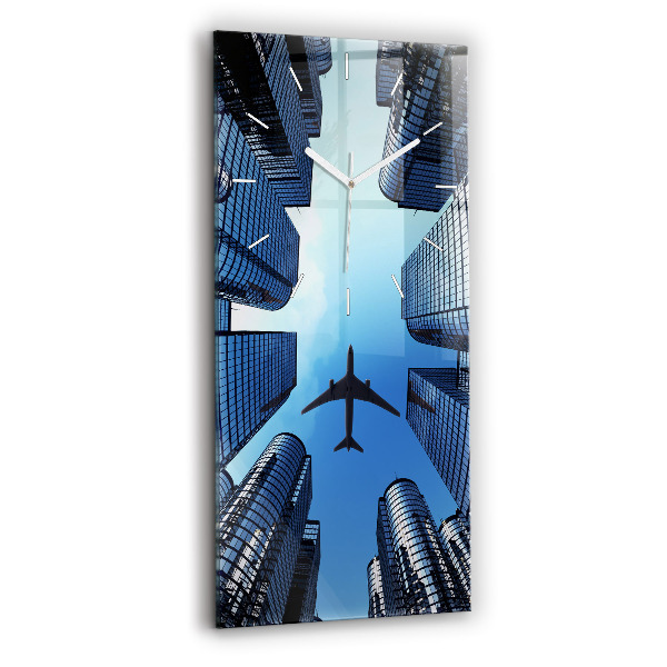 Ceas din sticlă dreptunghiular vertical decorativ Avion deasupra clădirilor