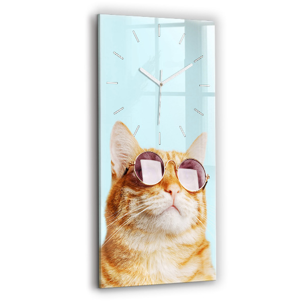 Ceas vertical de perete din sticlă decorativ Pisică amuzantă cu ochelari