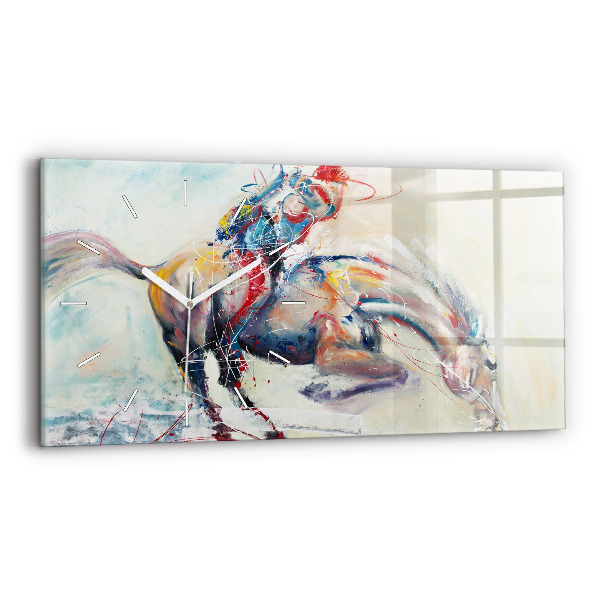 Ceas orizontale de perete din sticlă la modă Ilustrație cu cai în galop