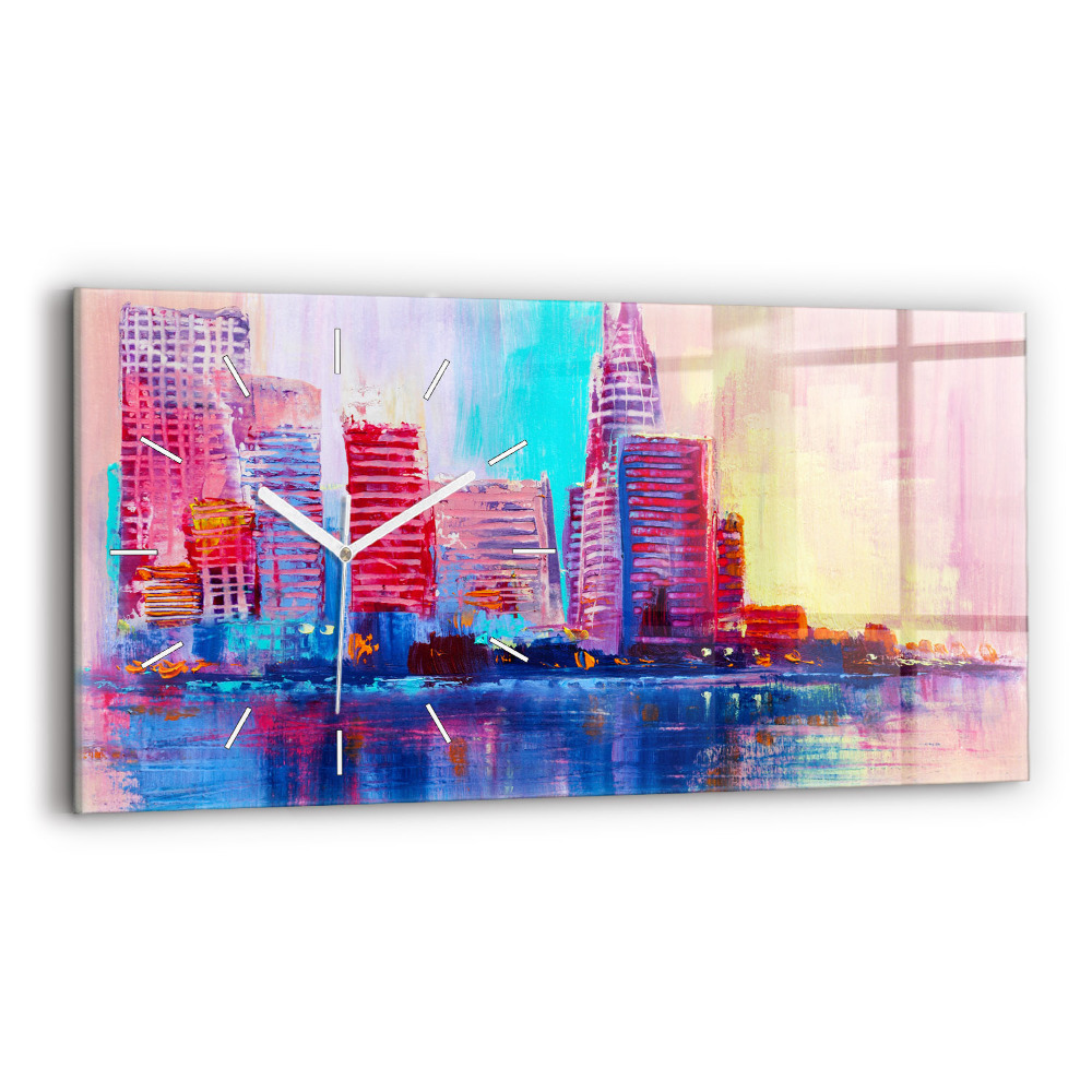 Ceas orizontale de perete din sticlă la modă Abstracție de zgârie-nori