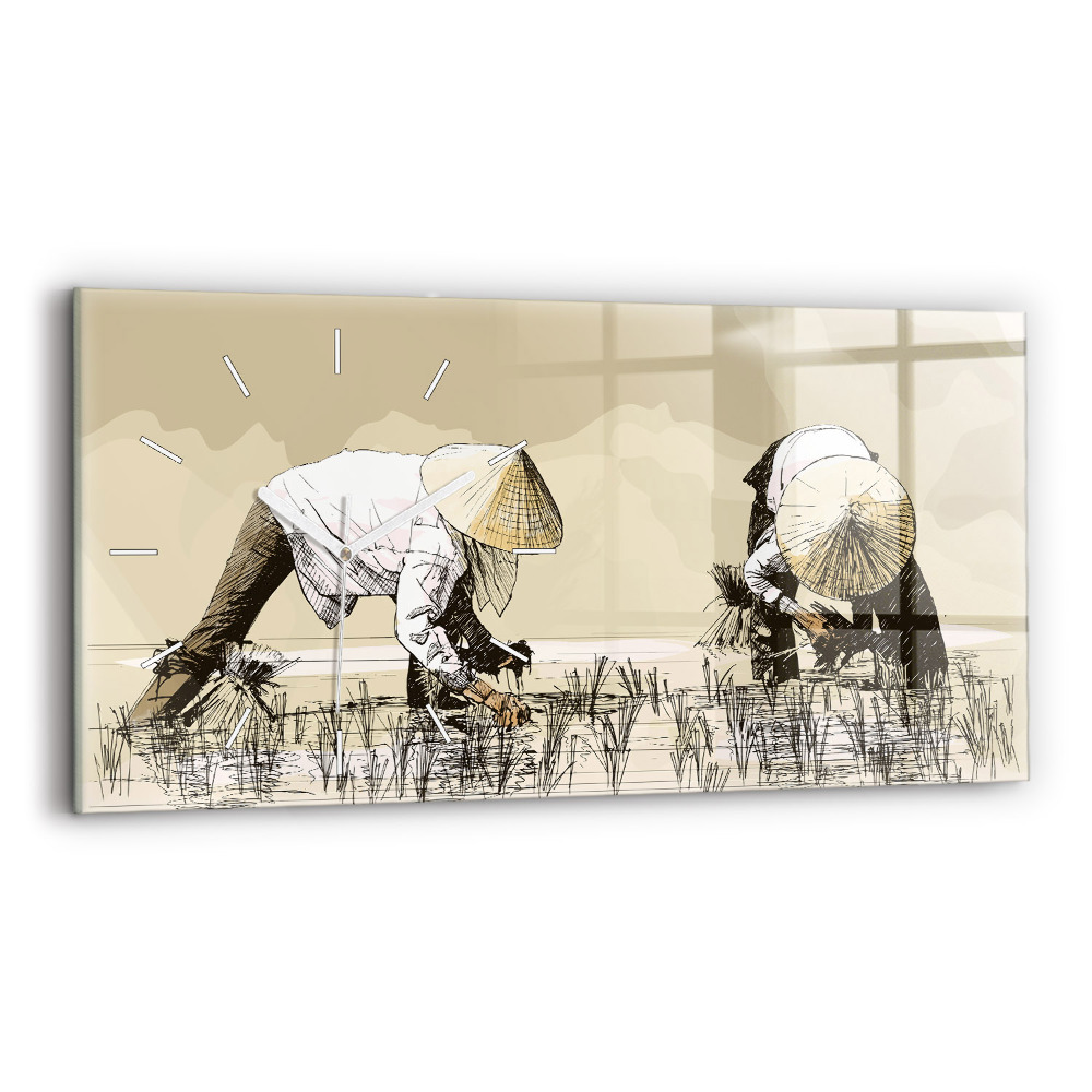 Ceas perete din sticlă orizontale la modă Femeie culegând orez