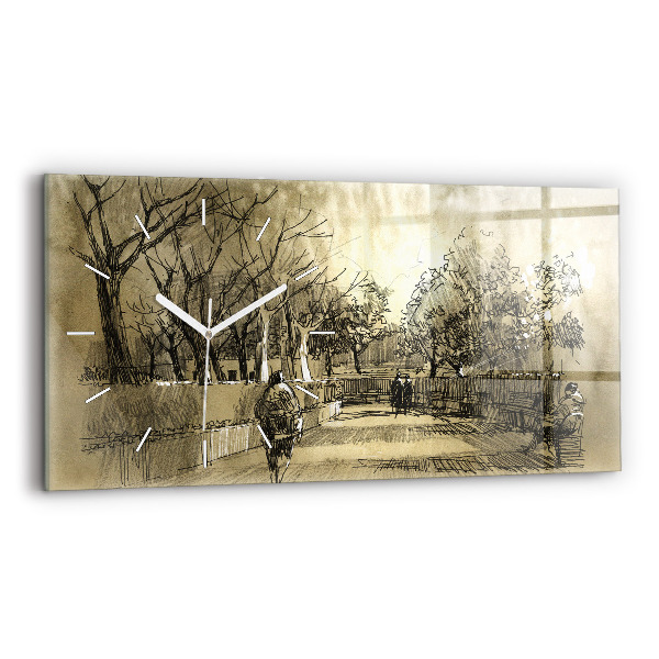 Ceas orizontale de perete din sticlă la modă Parc și copaci în sepia