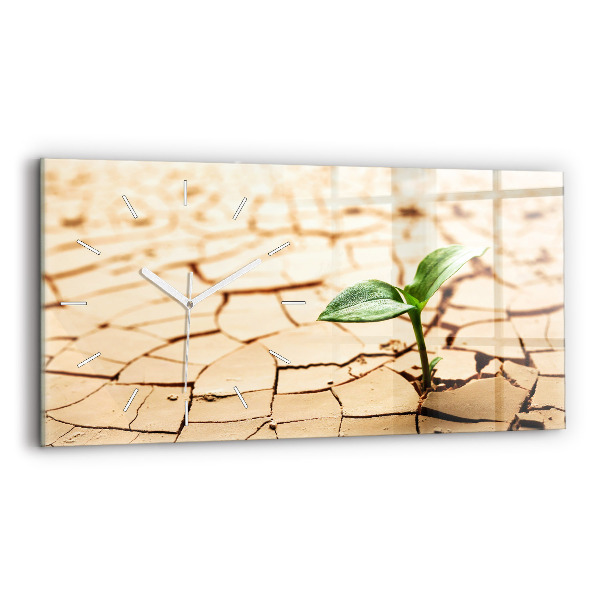 Ceas perete din sticlă orizontale la modă O plantă în sol uscat