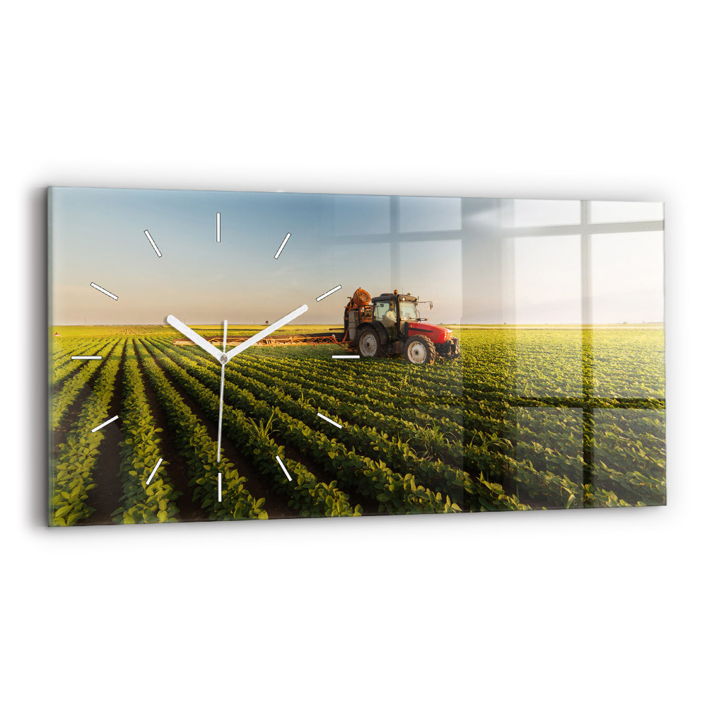 Ceas perete din sticlă orizontale la modă Tractor stropind un câmp