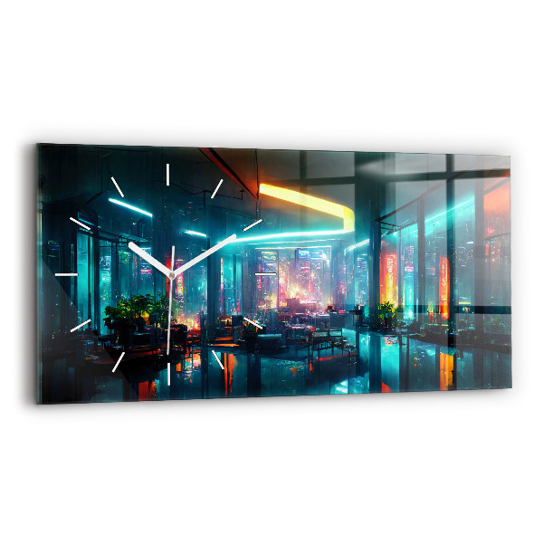 Ceas perete din sticlă orizontale la modă Oraș în stil cyberpunk