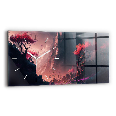 Ceas orizontale de perete din sticlă la modă Pădure magică și lanț muntos