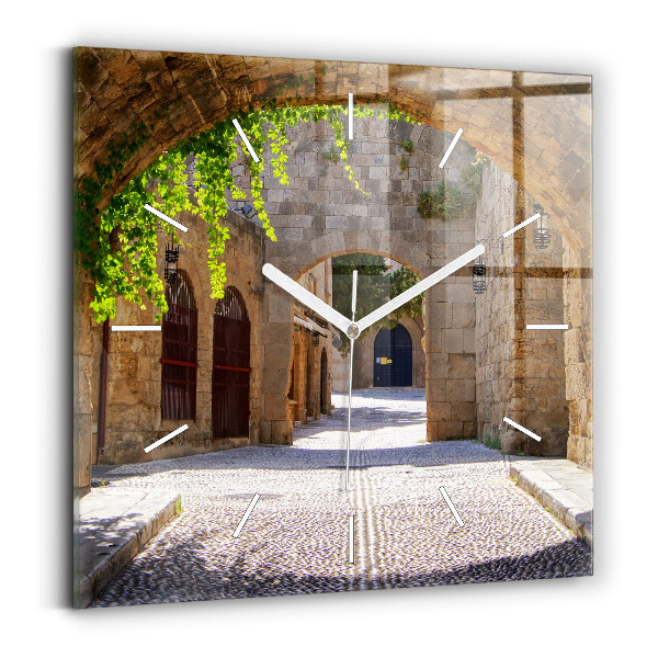 Ceas perete din sticlă pătrat Strada pitorească din Rodos