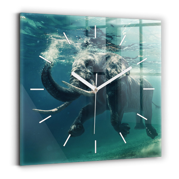 Ceas pătrat de perete din sticlă Elefant înotând în ocean